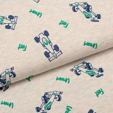 Tissu en ligne Québec jersey de coton lyvra motif d'auto de course, formule 1. Online canadian fabric store cotton spandex jersey knit with racecars.