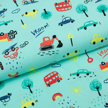 Tissu en ligne Québec jersey de coton lycra motif de voitures et camions. Online fabric cotton spandex jersey knit with vehicle.