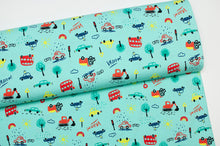 Tissu en ligne Québec jersey de coton lycra motif de voitures et camions. Online fabric cotton spandex jersey knit with vehicle.