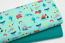 Tissu en ligne Québec jersey de coton lycra motif de voitures et camions. Online fabric cotton spandex jersey knit with vehicle.