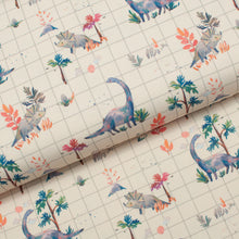 Tissu en ligne Québec jersey de coton lycra motif de dinosaures. Online fabric store cotton spandex jersey fabric from family frabics with dinosaur.