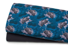 Tissu en ligne Québec french terry de coton lycra motif de camion monstre. Online fabric cotton spandex french terry knit with monster truck.