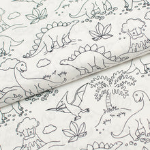Tissu en ligne Québec popeline 100% coton tissé avec motif de dinosaures à colorier. Online fabric 100% cotton poplin with dinosaur to coloring.