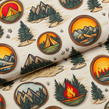Tissus en ligne Québec jersey de coton lycra motif de camping. Online fabric store cotton spandex jersey knit with camping pattern.