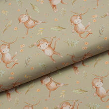 Tissu en ligne Québec jersey de coton lycra motif de singe. Online fabric store cotton spandex jersey fabric from family frabics with monkey.