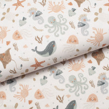 Tissu en ligne Québec jersey de coton lycra motif d'animaux marin. Online fabric store cotton spandex jersey knit with ocean animals.