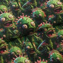 Tissu en ligne jersey de coton lycra motif de monstre 3D. Online fabric cotton spandex jersey knit with monster.