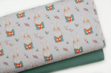 Tissu en ligne Québec jersey de coton lycra motif de lapins de Pâques. Online fabric cotton spandex jersey knit with bunny easter design.