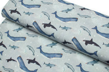 Tissu en ligne Québec jersey de coton lycra motif de baleines. Online fabric store cotton spandex jersey fabric from family frabics with whales.