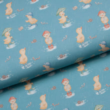 Tissu en ligne Québec jersey de coton lycra motif de canard. Online fabric cotton spandex jersey knit with duck.