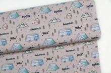 Tissu en ligne Québec jersey de coton lycra motif de voyage et camping. Online fabric cotton spandex jersey knit with camping design.