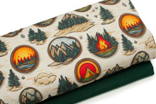 Tissus en ligne Québec jersey de coton lycra motif de camping. Online fabric store cotton spandex jersey knit with camping pattern.