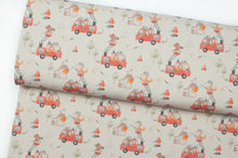 Tissu en ligne Québec jersey de coton lycra motif de pompier animaux. Online fabric cotton spandex jersey knit with firefighter animals.