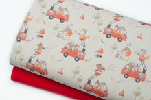 Tissu en ligne Québec jersey de coton lycra motif de pompier animaux. Online fabric cotton spandex jersey knit with firefighter animals.