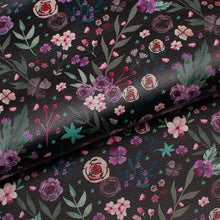Tissu en ligne Québec similicuir, faux cuir, cuirette avec motif de fleurs. Online fabric faux leather with flowers.