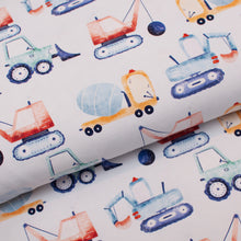 Tissu en ligne Québec jersey de coton lycra motif de camions de construction. Online fabric cotton spandex jersey knit with construction vehicle.