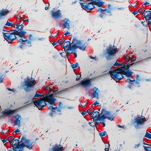 Tissu en ligne Québec french terry de coton motif de hockey des Canadiens de Montréal. Online fabric cotton spandex french terry knit with ice hockey players.