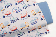 Tissu en ligne Québec jersey de coton lycra motif de camions de construction. Online fabric cotton spandex jersey knit with construction vehicle.