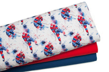 Tissu en ligne Québec french terry de coton motif de hockey des Canadiens de Montréal. Online fabric cotton spandex french terry knit with ice hockey players.