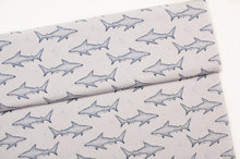 Tissu en ligne Québec jersey de coton lycra motif d'articles de requins. Online fabric cotton spandex jersey knit with shark.