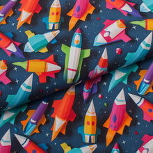 Tissu en ligne Québec french terry de coton lycra motif enfant de fusée en papier. Online fabric cotton spandex french terry knit with child paper rocket.