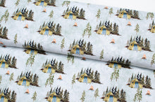 Tissu en ligne jersey de coton spandex motif de tente de camping. Online fabric cotton jersey knit with camping tent.