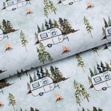 Tissu en ligne jersey de coton spandex motif de roulotte de camping. Online fabric cotton jersey knit with camper.
