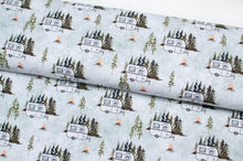 Tissu en ligne jersey de coton spandex motif de roulotte de camping. Online fabric cotton jersey knit with camper.