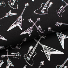 Tissu en ligne Québec jersey de coton lycra motif de guitare électrique. Online fabric cotton spandex jersey knit with guitar.