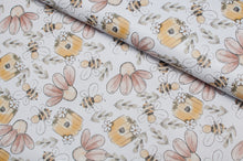 Tissu en ligne similicuir, faux cuir, cuirette avec motif de fleurs et d'abeille. Online fabric leather with bee and flowers.
