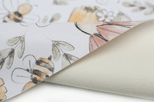 Tissu en ligne similicuir, faux cuir, cuirette avec motif de fleurs et d'abeille. Online fabric leather with bee and flowers.