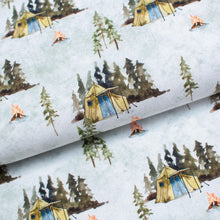 Tissu en ligne jersey de coton spandex motif de tente de camping. Online fabric cotton jersey knit with camping tent.
