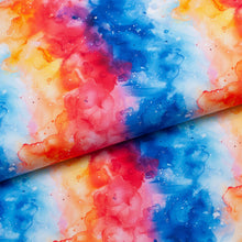 Tissu en ligne Québec jersey de coton lycra motif de cornet d'encre coloré. Online Canadian fabric store cotton spandex jersey knit with colorful ink.