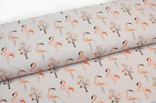 Tissu en ligne Québec jersey de coton lycra motif de flamant rose. Online Canadian fabric store cotton spandex jersey knit with flamingo.