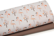 Tissu en ligne Québec jersey de coton lycra motif de flamant rose. Online Canadian fabric store cotton spandex jersey knit with flamingo.