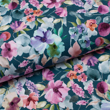 Tissu en ligne Québec french terry de coton lycra motif de fleurs. Online canadian frabic store cotton spandex french terry with flowers.