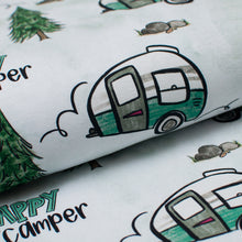 Tissu jersey de coton motif roulotte de camping. Camper jersey fabric.