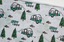 Tissu jersey de coton motif roulotte de camping. Camper jersey fabric.