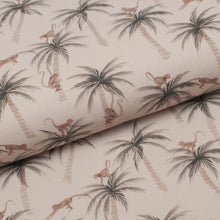 Tissu en ligne jersey de coton lycra motif de palmier et de singe. Online fabric cotton jersey knit with palm and monkey.