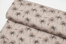 Tissu en ligne jersey de coton lycra motif de palmier et de singe. Online fabric cotton jersey knit with palm and monkey.