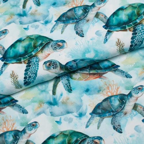 Tissu en ligne Québec jersey de coton lycra motif de tortue. Online canadian fabric store cotton spandex jersey knit with turtle.