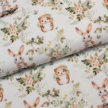 Tissu en ligne Québec jersey de coton lycra motif d'hérisson et de lapin. Online canadian fabric store cotton spandex jersey knit with rabbit and hedgehog.