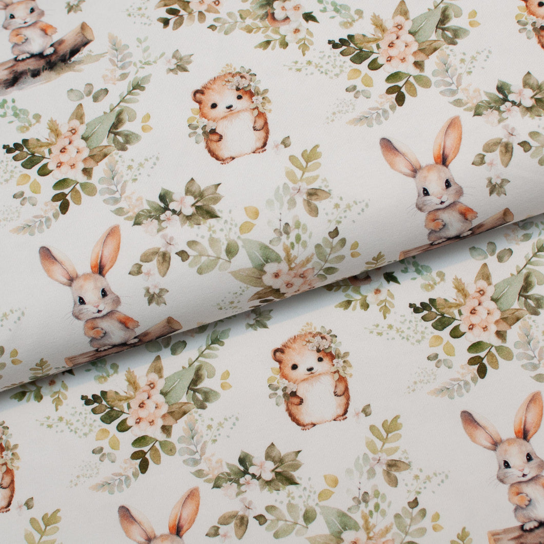 Tissu en ligne Québec jersey de coton lycra motif d'hérisson et de lapin. Online canadian fabric store cotton spandex jersey knit with rabbit and hedgehog.