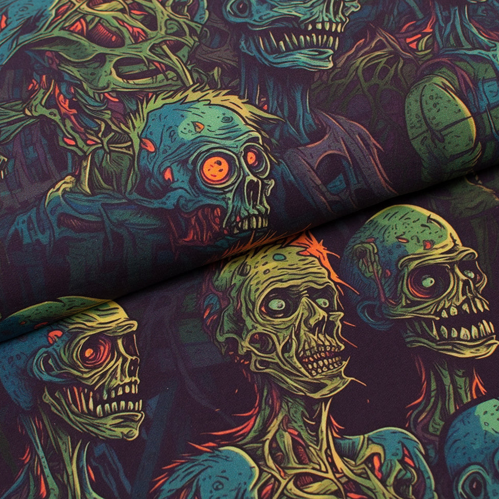Tissu en ligne Québec jersey de coton lycra motif d'halloween zombie. Online fabric cotton spandex jersey knit with halloween zombie design.