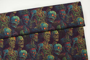 Tissu en ligne Québec jersey de coton lycra motif d'halloween zombie. Online fabric cotton spandex jersey knit with halloween zombie design.