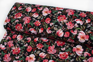 Tissu en ligne Québec jersey de coton lycra motif de fleurs. Online fabric cotton spandex jersey knit with flowers.