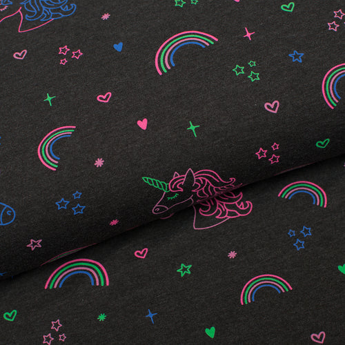 Tissu en ligne Québec jersey de coton lycra motif de licorne et d'arc-en-ciel. Online fabric cotton spandex jersey knit with unicorn and rainbow.