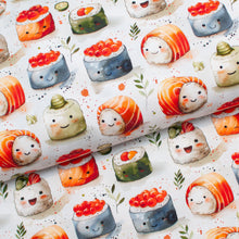 Tissu en ligne Québec jersey de coton lycra motif de sushi kawaii. Online canadian fabric shop cotton spandex jersey knit with sushi.