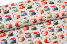 Tissu en ligne Québec jersey de coton lycra motif de sushi kawaii. Online canadian fabric shop cotton spandex jersey knit with sushi.