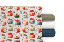 Tissu en ligne Québec jersey de coton lycra motif de sushi kawaii. Online canadian fabric shop cotton spandex jersey knit with sushi.